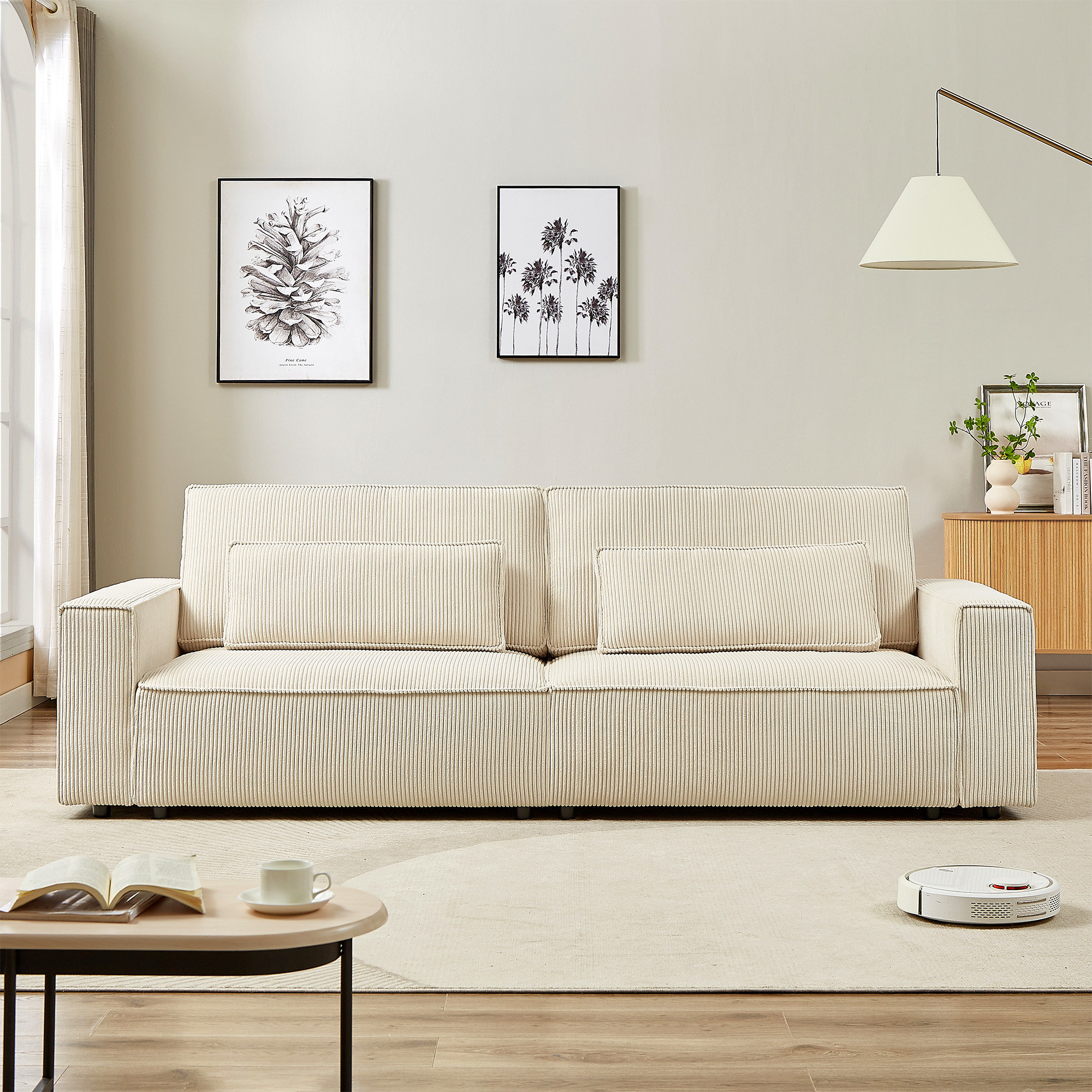 4-Seater Modern Linen Upholstered Sofa - Armrest Pockets and 4 Pillows for Extra Comfort - Beige