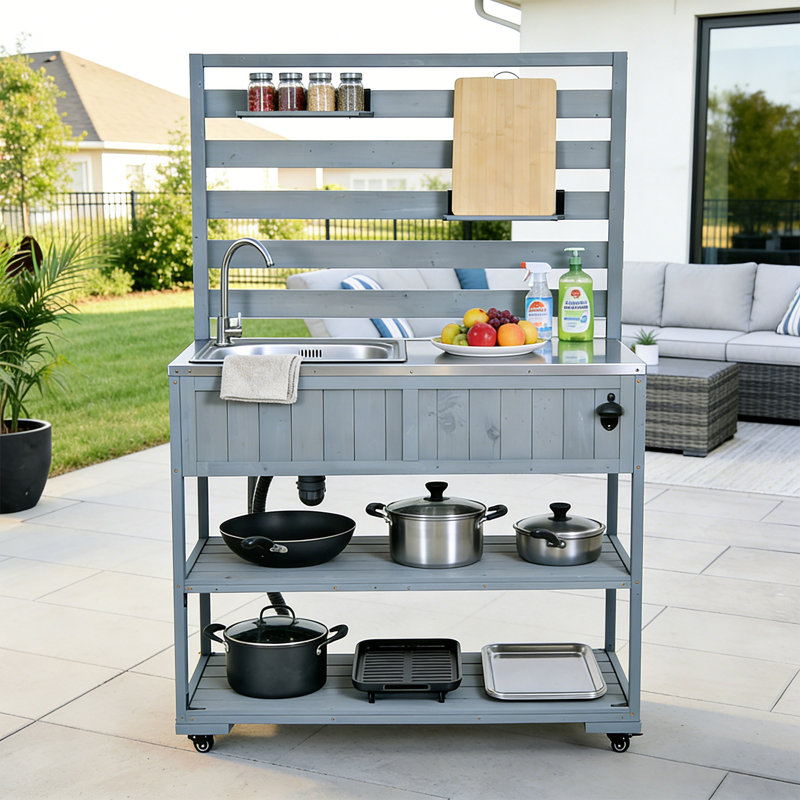 Îlot de cuisine d'extérieur en bois massif 65 po avec évier, Gris