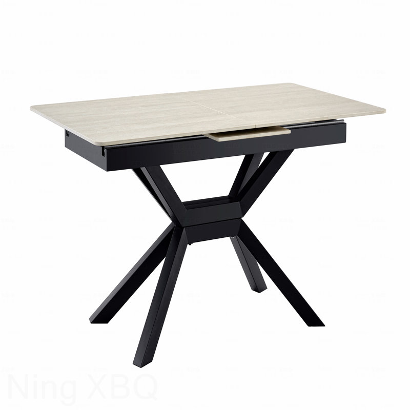 Modern Extendable Dining Table Sintered Stone Tabletop Geometric X-Frame Metal Spray-Painted Base Rectangular