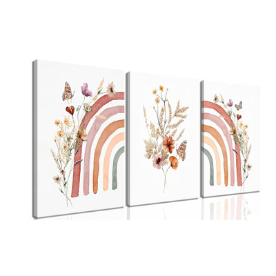Boho, art mural arc-en-ciel pour chambre de filles - ensemble de 3 impressions sur toile encadrées de fleurs sauvages pour chambre de bébé, chambre de bébé, chambre d'enfant ou dortoir - décoration murale bohémienne botanique pastel doux 12 x 16 po