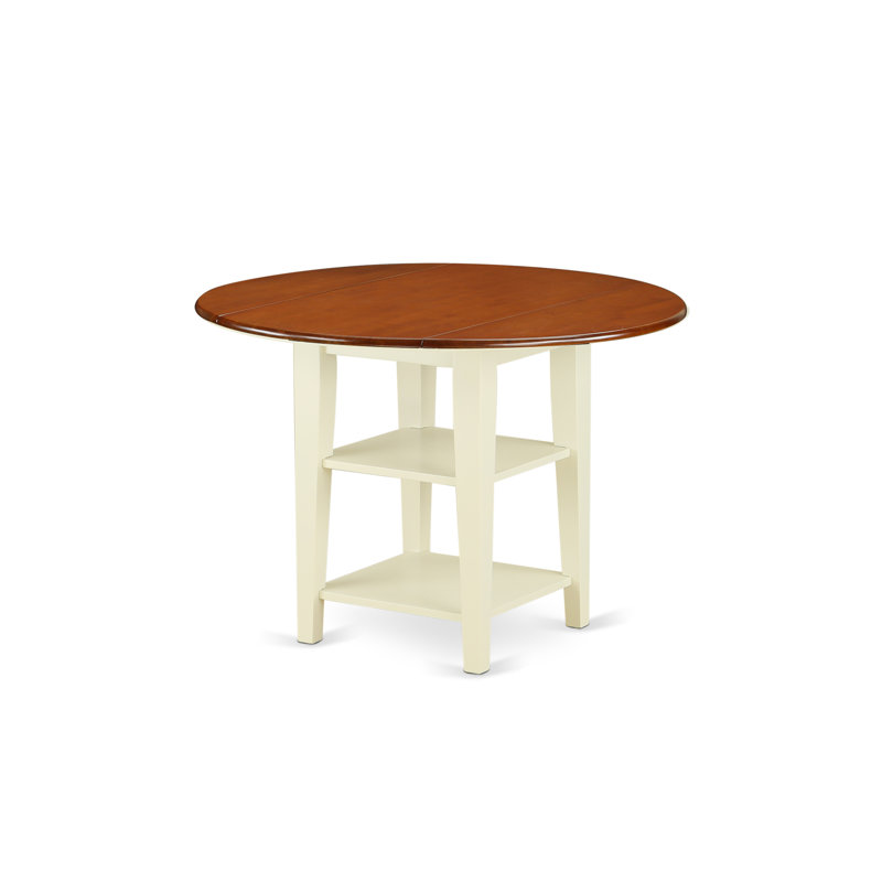 Sudbury Dining Room Table - a Round kitchen Table Top with Dropleaf & 2 shelves, Buttermilk & Cherry, Cherry/Buttermilk