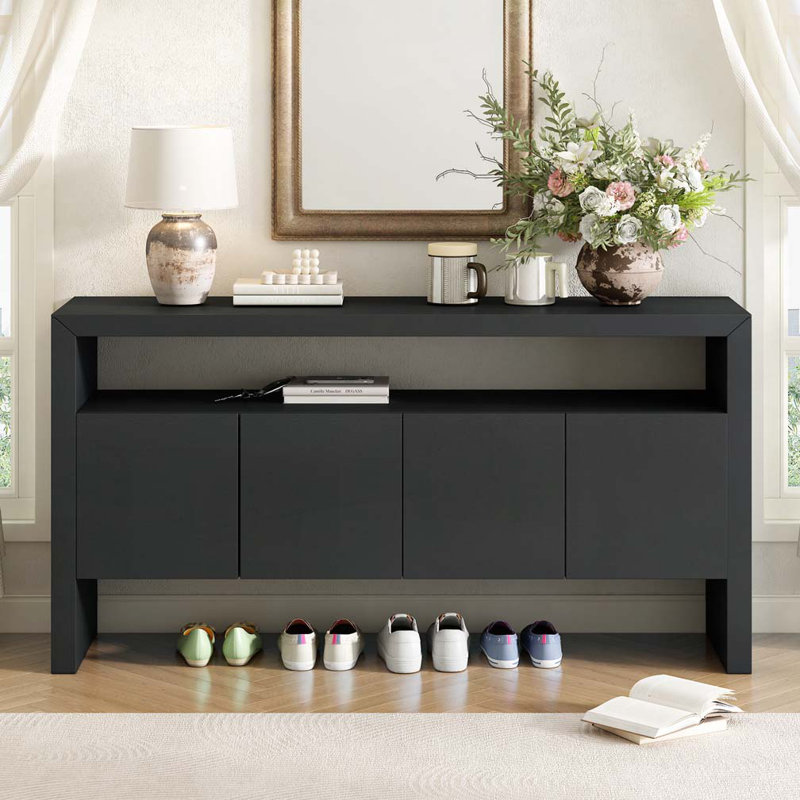 Buffet 60 po à 4 portes avec tablette ouverte, grain de bois naturel, Noir