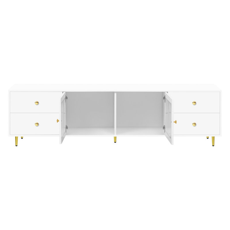 Meuble télé avec porte vitrée, 4 tiroirs et 2 armoires, Blanc