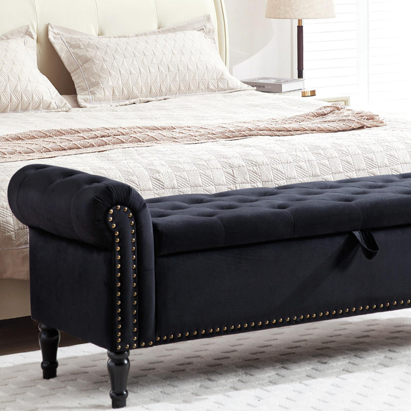 67'' Upholstered Velvet Storage Bench for Bedroom End with Button-Tufted Seat and Roll Arms, Black