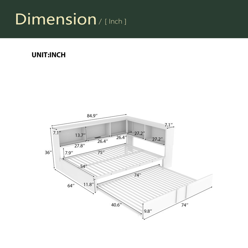 Lit de jour en métal avec lit gigogne, armoires de rangement et ports USB, Blanc