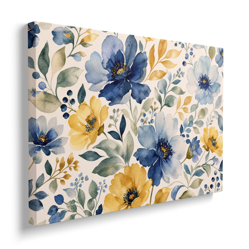 Reproduction d'une peinture florale bleue et jaune sur toile - 50 x 75 cm, H 20 po x l 30 po