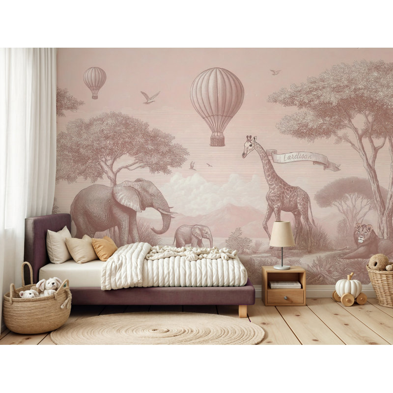 Papier peint rose avec un animal safari et des éléphants