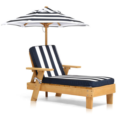 Kids Outdoor Wooden Chaise Lounge with Umbrella and Blue & White Striped Cushion