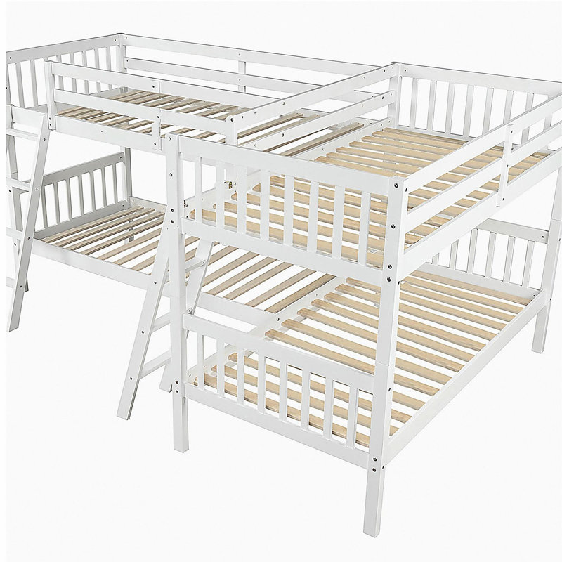 Lit superposé double en L avec échelle, taille double - gris, Blanc
