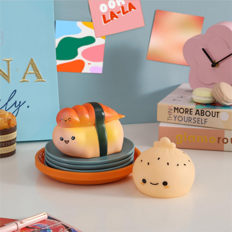  Figural Food Squish Led Mood Lamp, 2 Pack With Dumpling And Sushi