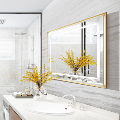 40X30in Bathroom Mirror With Led Backlit, 3Colors Adjustable, Beveled, Fog, Gold Aluminium Alloy Frame, Wall Mounting 40*30 Inch Beveled Design, 3000 - 6000K , Aluminum Alloy, Mount