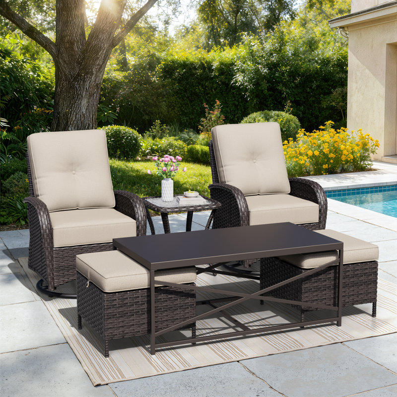 2-Person PE Wicker Outdoor Patio Set With Chairs, Ottomans, Side & Coffee Table & Beige Cushions, Beige