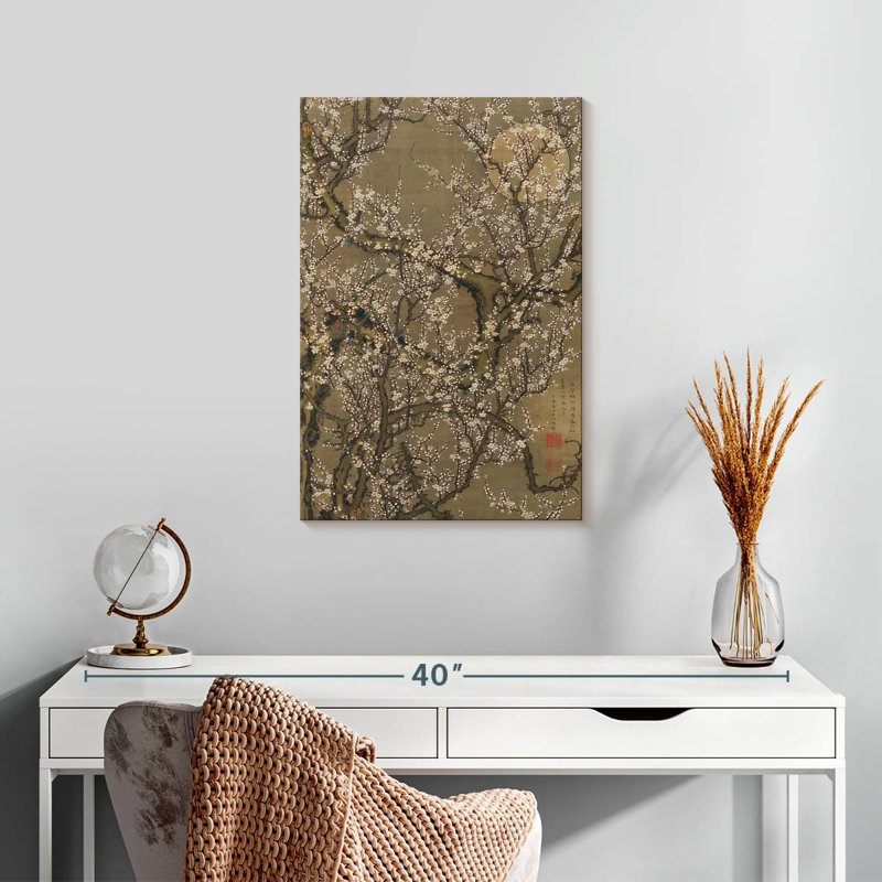 Prunier blanc en fleurs et lune, H 24 po x l 16 po