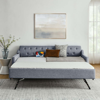 Twin Size Upholstery DayBed with Twin Size Erectable Trundle and USB Charging Design