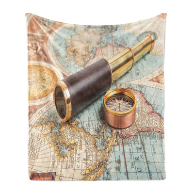Ambesonne Compass Fleece Throw Blanket Telescope on Antique Map Multicolor
