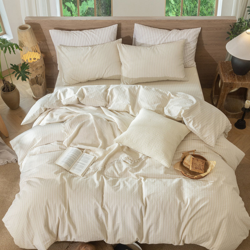 Ensemble de housse de couette à rayures 100% coton lavé MooMee, Housse de couette double + 2 taies d'oreiller stan