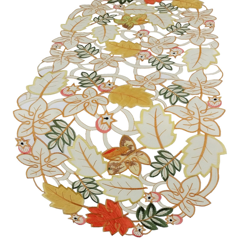 Harvest Splendor Embroidered Cutwork Fall Table Runner in Polyester