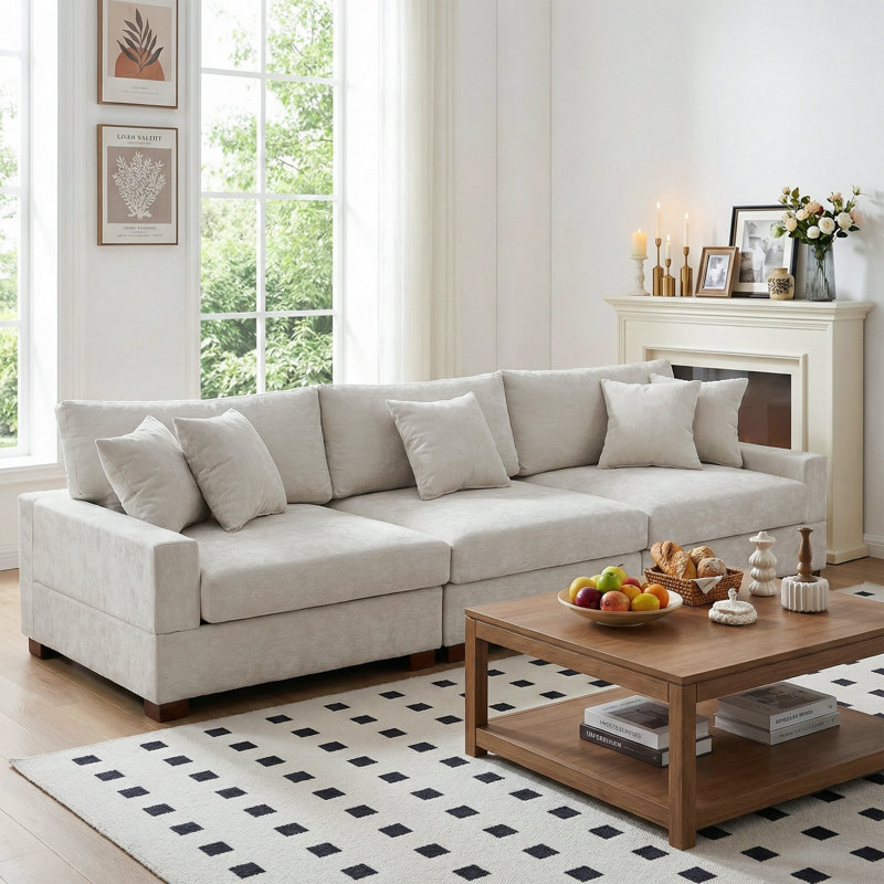 3 - Piece Upholstered Offwhite Chenille Modular Sectional Sofa with Armrests & Throw Pillows, Off White
