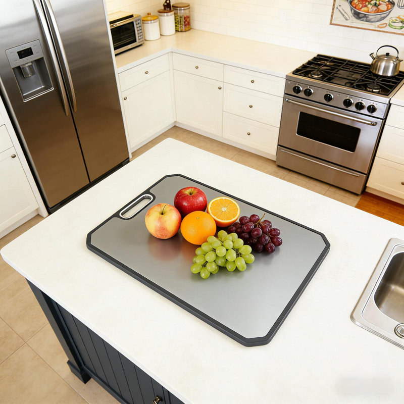 Planche à découper en acier inoxydable de 15 po x 10 po avec rainures profondes et poignées intégrées pour la cuisine