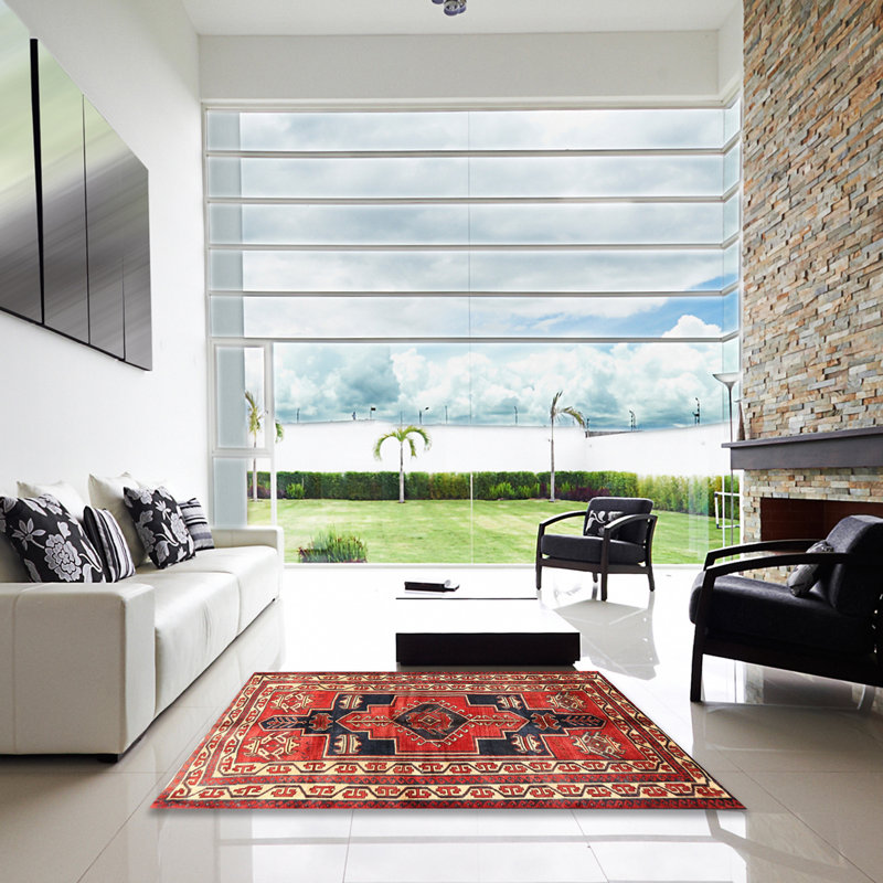 Tapis traditionnel rouge / bleu / beige, Carré 3 pi