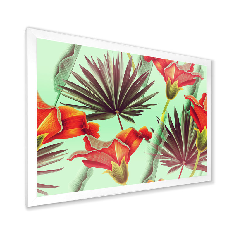 Fleurs tropicales rétro - impression sur toile, H 12 po x l 20 po x p 1 po, Cadre photo blanc