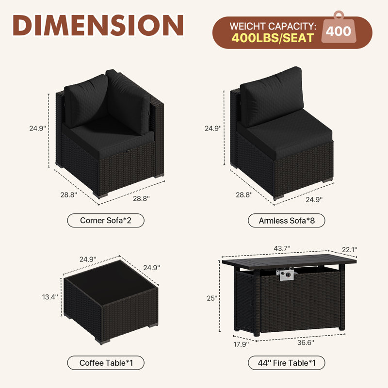 Ensemble de conversation pour patio en osier pour 6 personnes avec coussins, table basse et table de foyer d'extérieur 44 po Caradog
