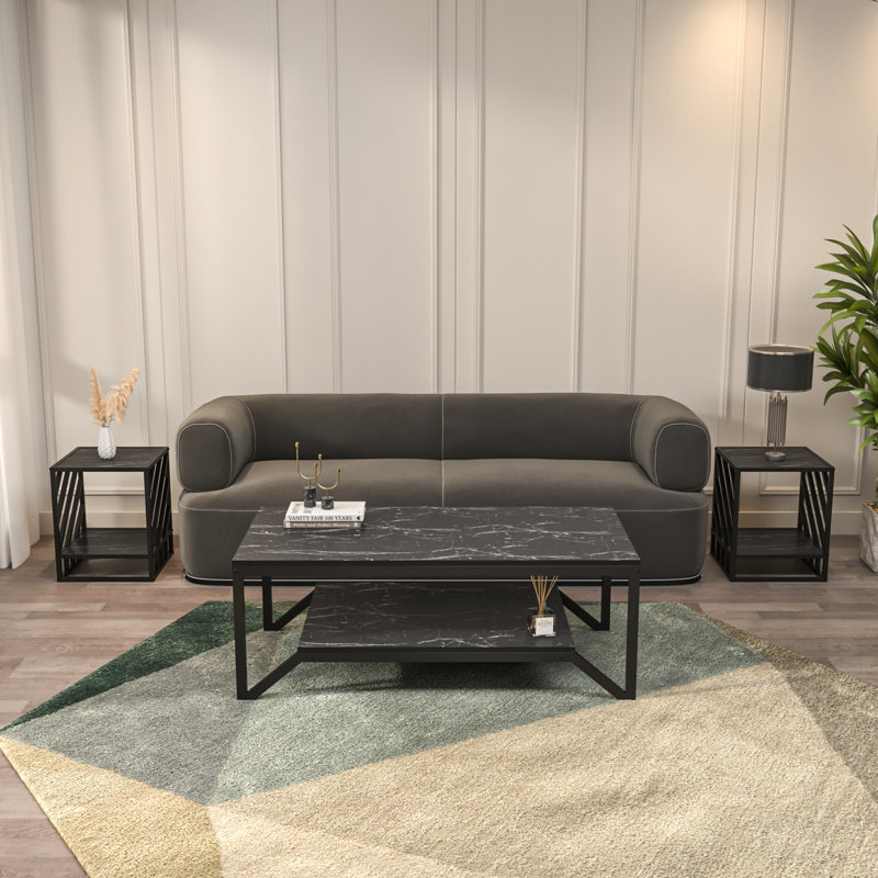 Ensemble de tables basses et tables d'appoint Flora & Norm, Motif de marbre noir / noir