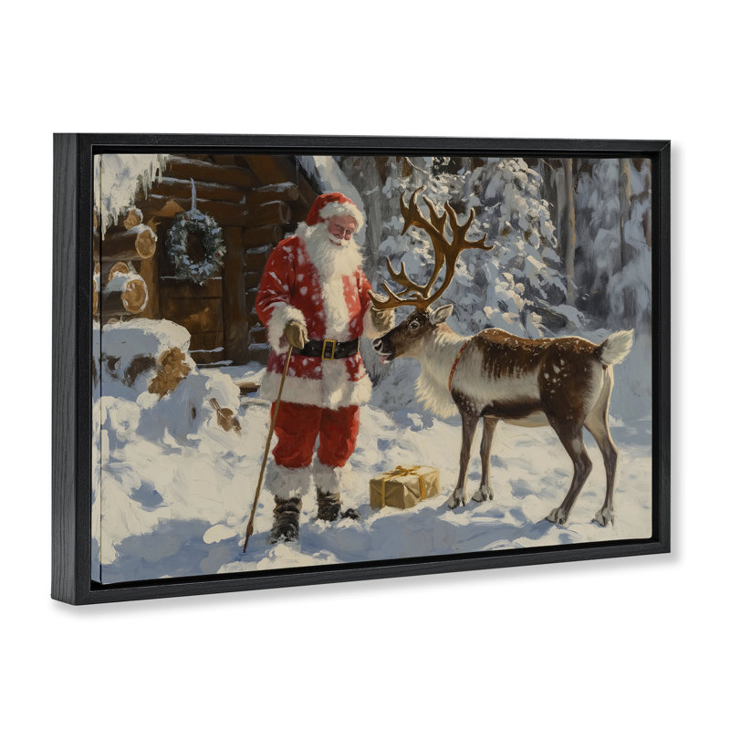 Père Noël avec une scène de renne par Imagine It Images, Cadre flottant noir de jais, H 17 po x l 25 po x P 1,7 po