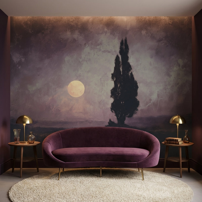Papier peint mural paysage d'arbres et lune violette, 120 po x 96 po, Peler et coller