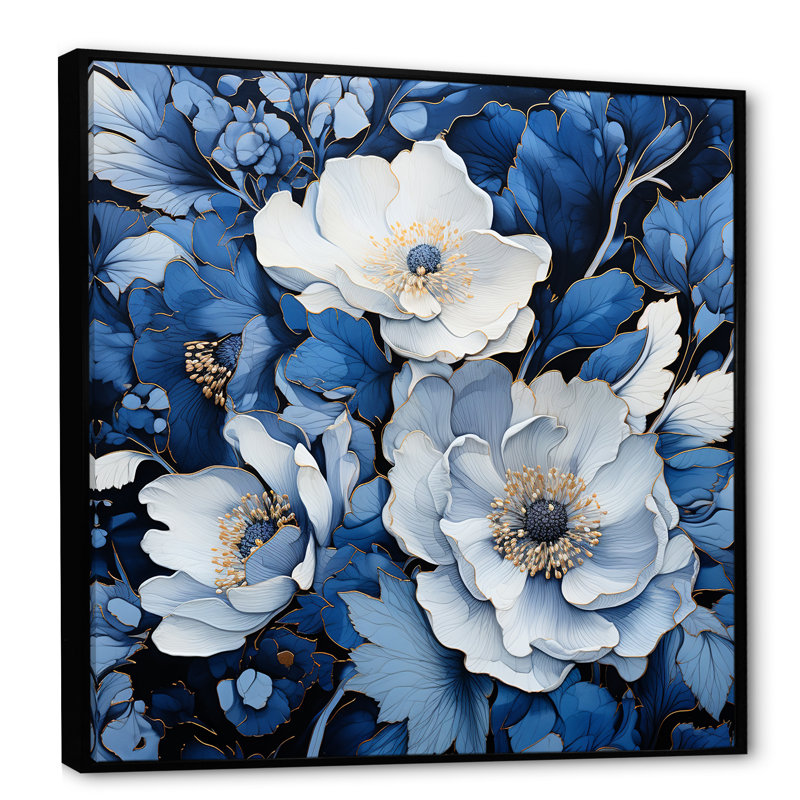 Aquarelle de fleurs saisonnières bleues et blanches II - Fleurs, art mural, H 16 po x l 16 po x P 1 po, Cadre flottant noir