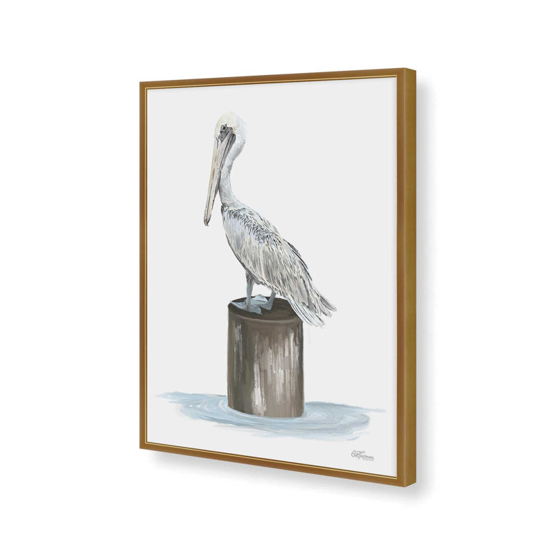 «Pelican Side Eye» par Cat Thurman Designs, reproduction d'art, L 24 po x H 32 po, Doré, Impression encadrée