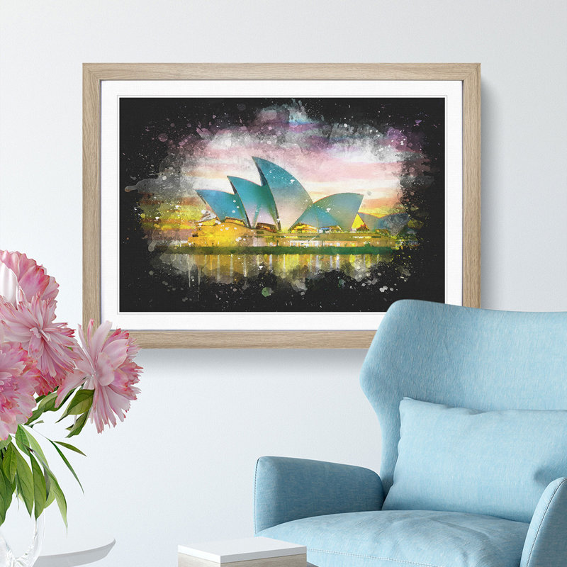 Sydney Opera House at Sunset - Picture Frame Graphic Art Print, 45cm H x 63cm W x 2cm D, Oak Framed
