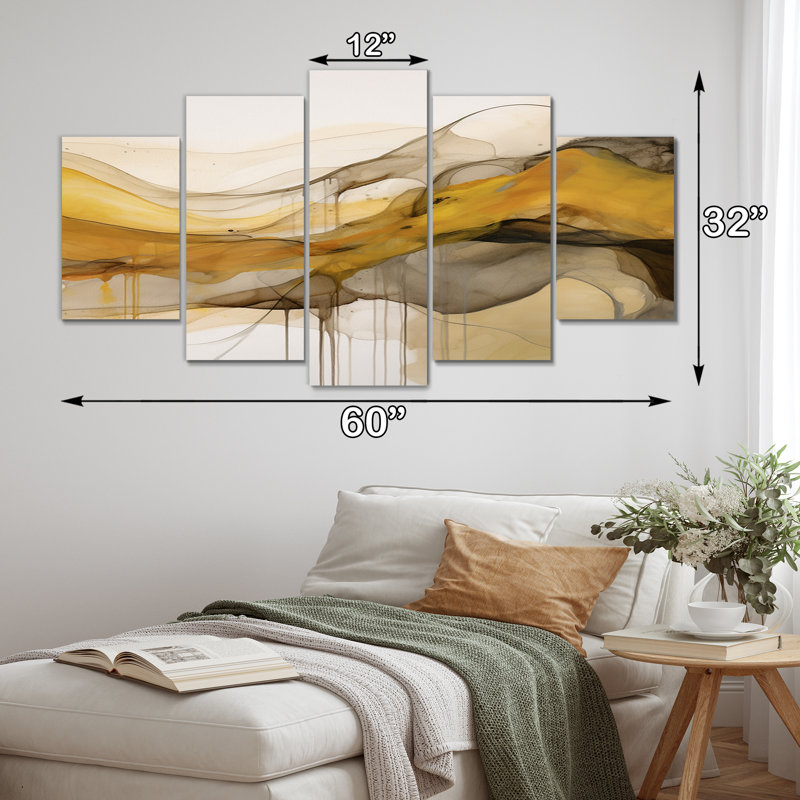 Undefined Continuation liquide vagues jaune IV - formes murales formes abstraites - 5 panneaux