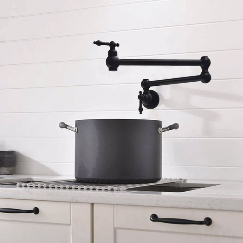 Wall Mount Pot Filler Faucet With Double Joint Swing Arms, Matte Black