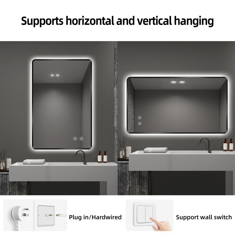 Backlit LED Bathroom Vanity Mirror, Black, 36” x 24”