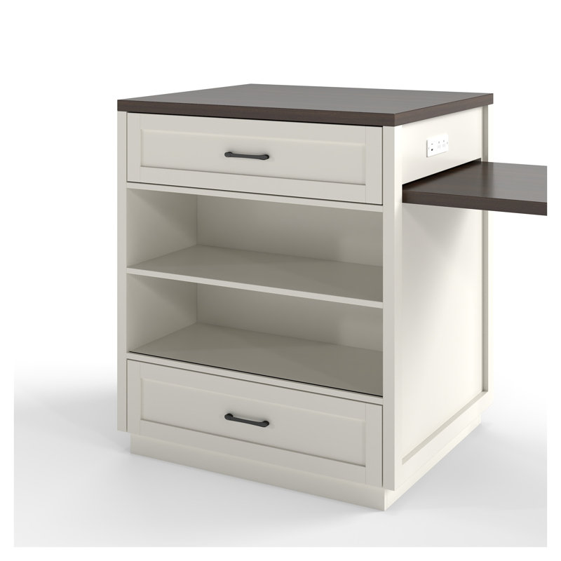 83.1" Extendable Kitchen Island with Slide-Out Dining Table, Creamy White MDF and Glass Console