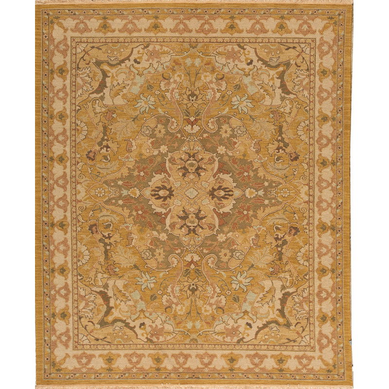 Hand-Knotted High-Quality Gold and Beige Area Rug, Rectangle 8' x 10'