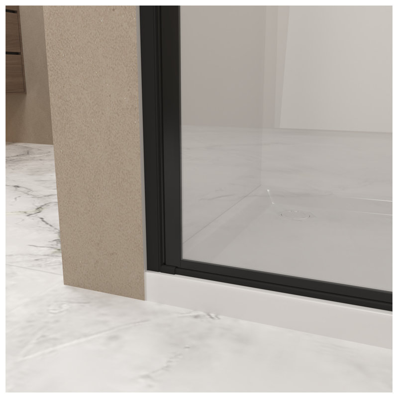 Porte de douche pivotante noire 30 po x 72 po - Verre trempé de 6 mm avec film antidéflagrant, demi-cadre en aluminium et poignée en acier inoxydable