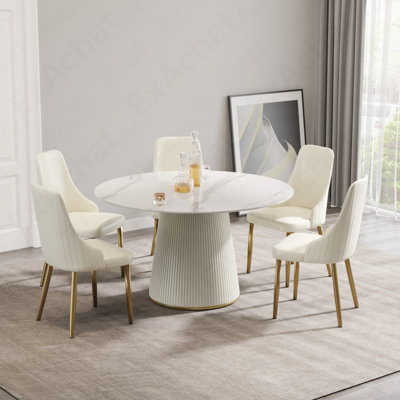 Table de salle à manger 53,15 po en pierre artificielle blanche ronde ronde en contreplaqué beige avec base en polyuréthane pouvant accueillir 6 personnes (avec 4 chaises)