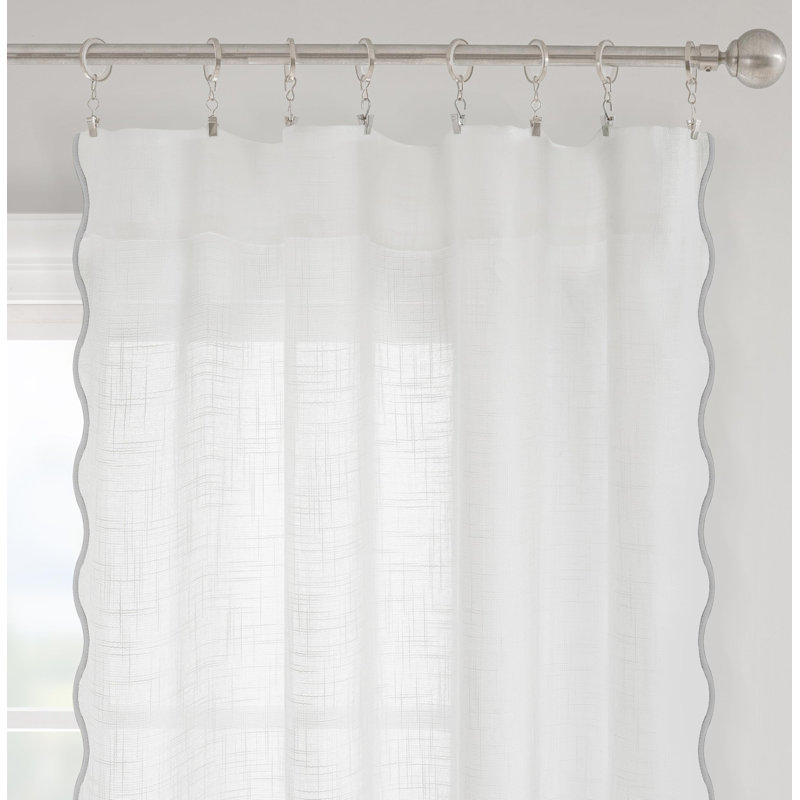 Semi Sheer Scalloped Edge White Coastal Beach Window Curtains for Living Room Bedroom 2 Panels Rod Pocket, 52" W x 84" L