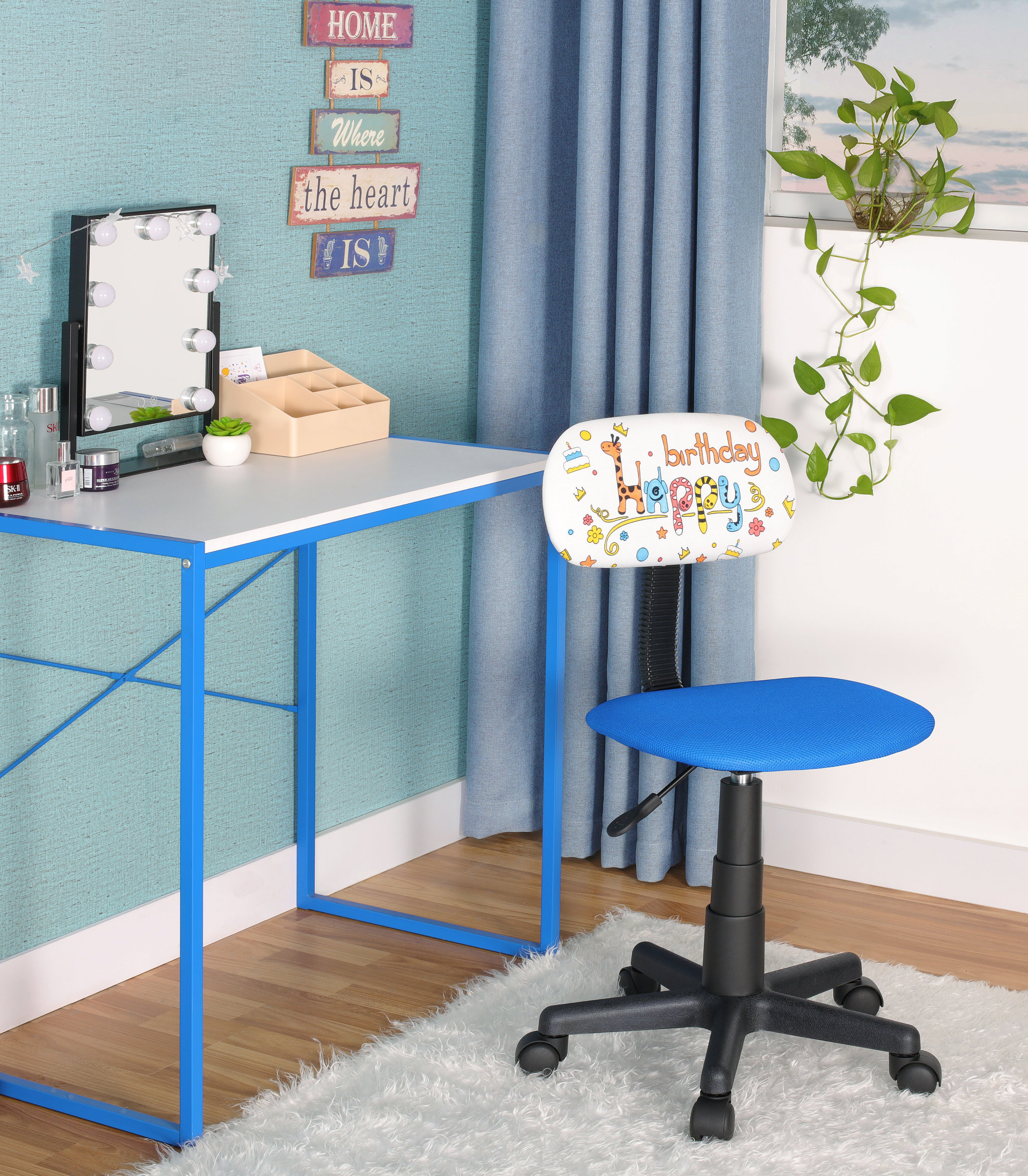Jjs Low-Back Adjustable Plastic Rolling Drawing Desk Chair in Blue