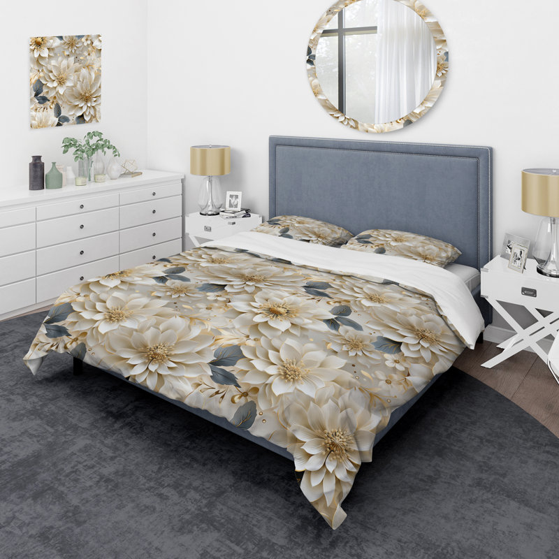 Ensemble de housse de couette White And Gold Chrysanthemum Mandalas, Housse de couette simple + 1 taie décorative stan