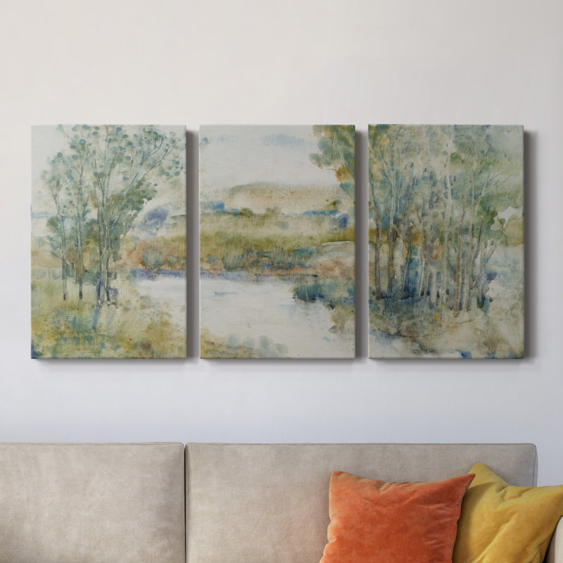 «Trees On The Creek I» - Toile tendue avec châssis de qualité supérieure - Prêt à être accroché, H 48 po x l 96 po x P 1 po