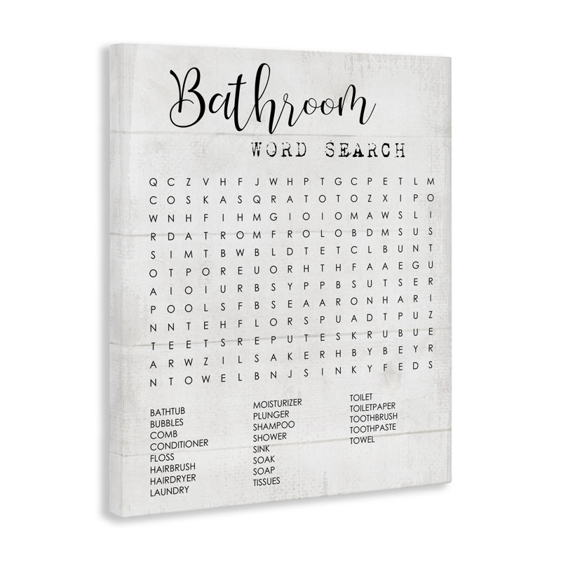 Bathroom Word Search Fun Family Word Design Oversized Stretched Canvas Wall Art by Daphne Polselli, 30" H x 24" W 