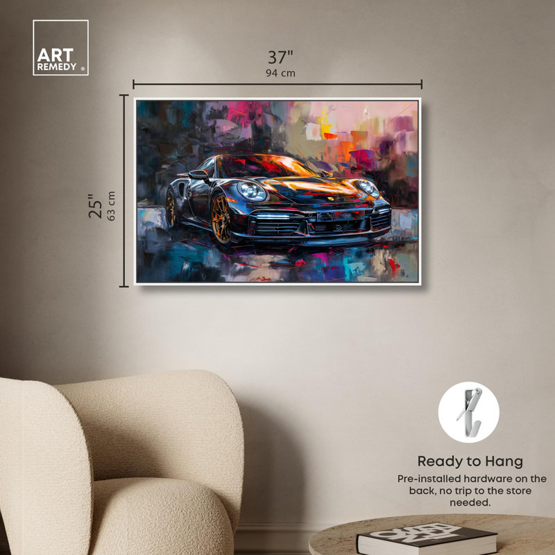 Turbocharged Porsche II Canvas Lux Car Paintings by Art Remedy, 25" H x 37" W x 1.8" D, White Floater Framed