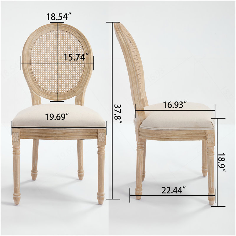 Chaise de salle à manger avec cadre en bois de style français et dossier en rotin, ensemble de 2, beige