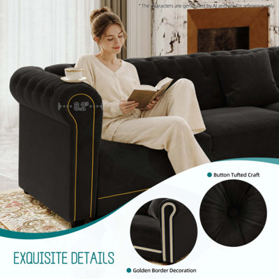 Canapé-lit en L avec lit escamotable, canapé-lit convertible surdimensionné, canapé capitonné en velours, accoudoirs roulés à garniture dorée, canapé de luxe surdimensionné à siège profond avec coussins décoratifs