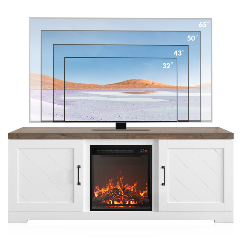 Blazice TV Stand to 65" with Electric Fireplace Included, Brown/White
