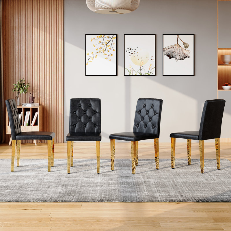 Chaise de salle à manger moderne avec dossier capitonné, tissu technique et conception ergonomique, Noir, Doré