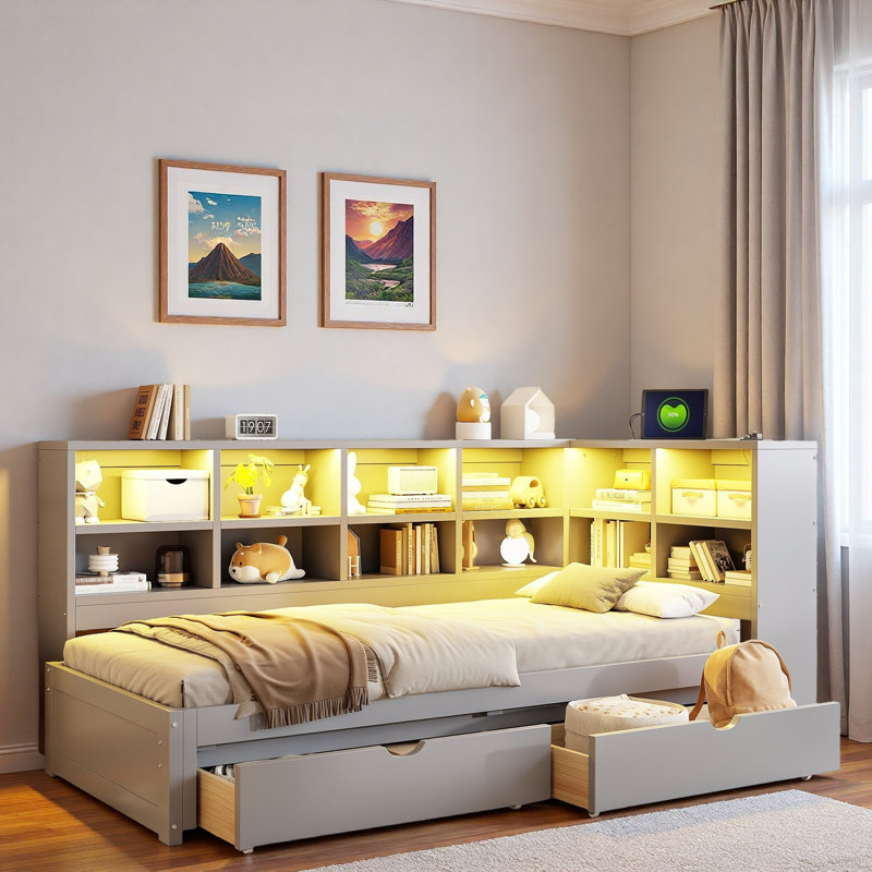 Lit de jour moderne avec 2 tiroirs de rangement, armoires de rangement, lumière DEL et ports USB, Gris